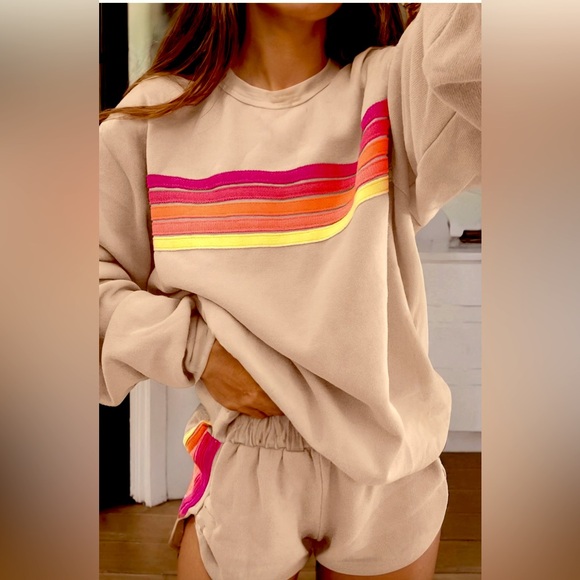 Tops - Apricot  Sweatshirt and Shorts Set with Colorful Stripes